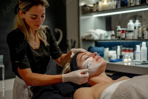 beautician applies rejuvenating mask to girl's face, beauty treatments