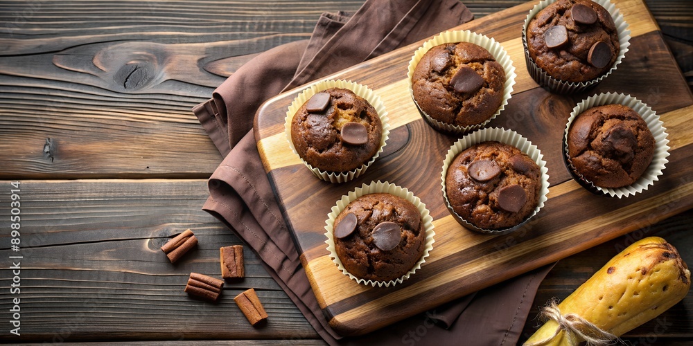 Chocolate banana muffins on a wooden board top view Generative By AI Chocolate banana muffins on a wooden board top view Generative By AI