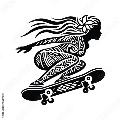 Skateboarding, longboarding  female player in ethnic polynesia pattern illustration, emblem shield badge