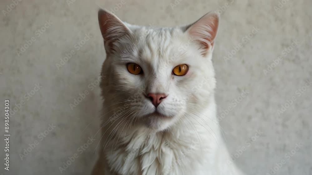 A striking white cat with piercing amber eyes, captured in a close-up portrait against a neutral background, highlighting its majestic features.
A striking white cat with piercing amber eyes, captured in a close-up portrait against a neutral background, highlighting its majestic features.