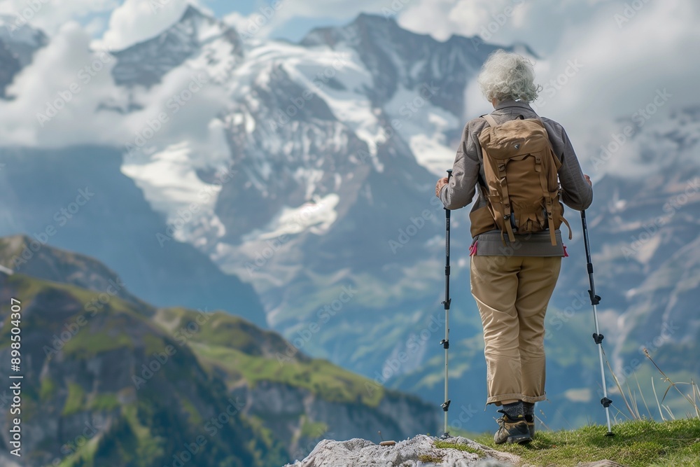 active elderly woman walking with sticks in the mountains active elderly woman walking with sticks in the mountains