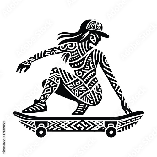 Skateboarding, longboarding  female player in ethnic polynesia pattern illustration, emblem shield badge