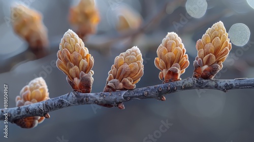 Chestnut buds covered with morning frost are waiting for the warmth of spring sunshine