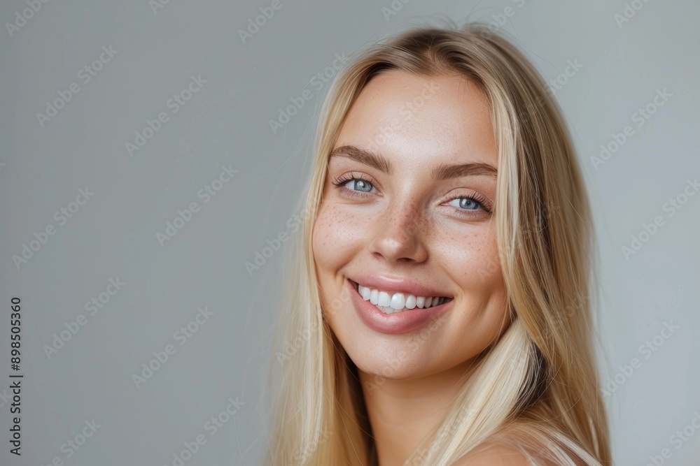 Photo of woman with smile, makeup, and natural beauty on grey studio background. Clear, smooth, soft skin for confidence, face cleanse, and organic facial. Photo of woman with smile, makeup, and natural beauty on grey studio background. Clear, smooth, soft skin for confidence, face cleanse, and organic facial.