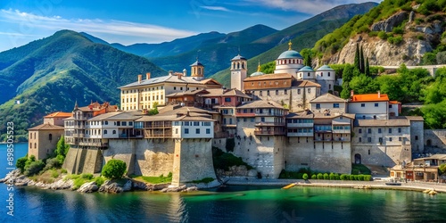 Panteleimonos medieval Monastery on Holy Mount Athos AI Generative photo