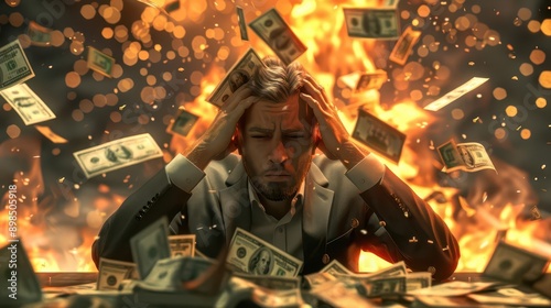 A 3D clip art of a businessman holding his head in despair as money burns around him photo