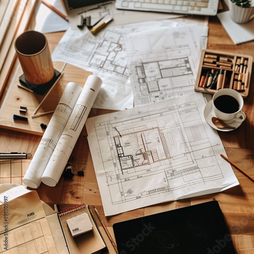 house plans and blueprints , all the blue print of building , a cup of coffee , pen , pencil, one color box .
