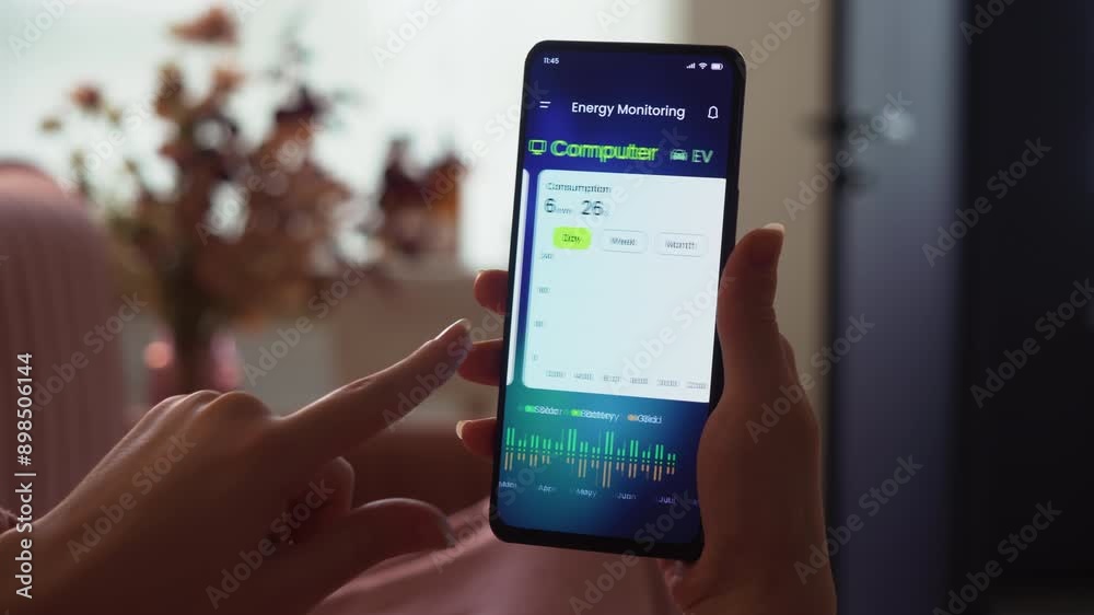 Monitoring the household solar energy system. Examining power production and consumption data in an energy-efficiency smartphone app. Fictional interface.