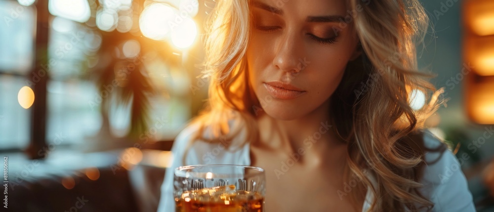 A young woman with curly hair sits peacefully at a cafe during sunset, holding a drink. The blurry background and warm glow create a cozy ambiance. A young woman with curly hair sits peacefully at a cafe during sunset, holding a drink. The blurry background and warm glow create a cozy ambiance.