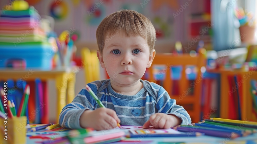 A sweet Caucasian boy coloring at a table while drawing in a book during pre-school or kindergarten. A classroom child draws with colorful pencils. A sweet Caucasian boy coloring at a table while drawing in a book during pre-school or kindergarten. A classroom child draws with colorful pencils.