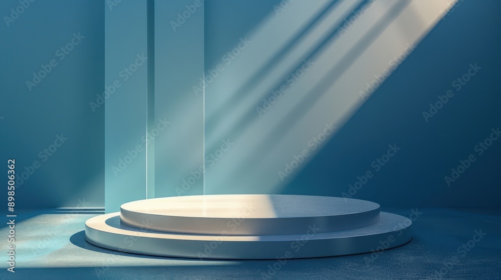 A white pedestal with a blue background