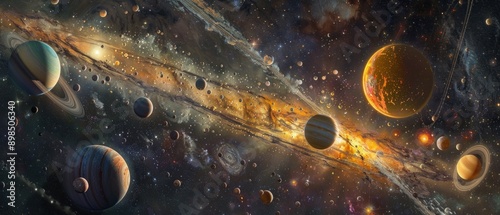 Artistic galaxy depiction with a central planet resembling Saturn, surrounded by five others akin to our solar system. Set against a starry backdrop in deep space. photo