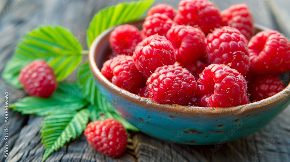 Juicy Fresh Raspberries in a Rustic Ceramic Bowl on Wooden Table Juicy Fresh Raspberries in a Rustic Ceramic Bowl on Wooden Table