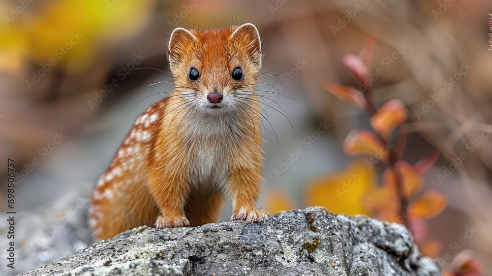 A small brown animal with white spots stands on a rock A small brown animal with white spots stands on a rock