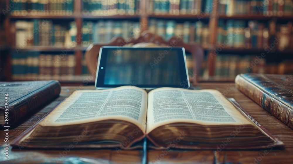 Fototapeta premium An open book on a table with a tablet surrounded by more books, set in a traditional library ambiance, blending old and new reading materials for study or reading.