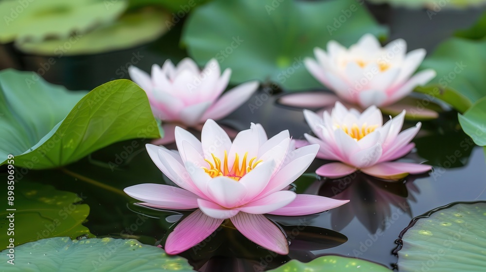 A close-up of four pink lotus flowers in a pond, relax and calming A close-up of four pink lotus flowers in a pond, relax and calming