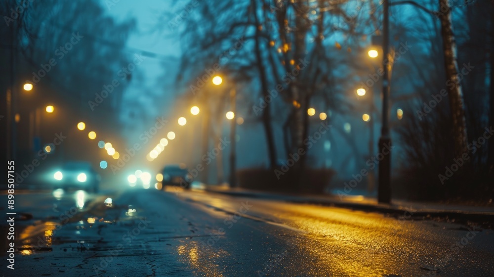 A serene urban night: a wet city street glows with yellow streetlights and car headlights reflecting on the road. Hints of quiet romance in the gentle ambiance. A serene urban night: a wet city street glows with yellow streetlights and car headlights reflecting on the road. Hints of quiet romance in the gentle ambiance.