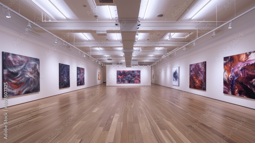 A Spacious Art Gallery With Paintings Displayed on White Walls A Spacious Art Gallery With Paintings Displayed on White Walls
