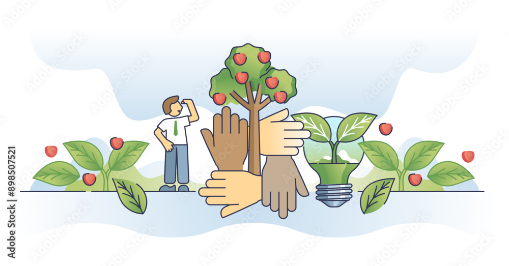 Fototapeta premium Philanthropy and mutual support together with volunteer care outline concept, transparent background. Non profit organization with humanitarian aid assistance and green.