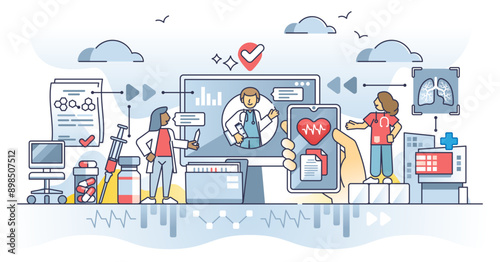 Health information technology for online medicine system outline concept, transparent background.Healthcare and treatment records stored in digital database illustration.