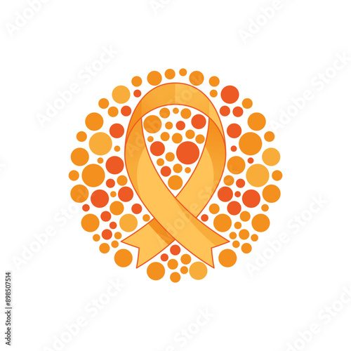 Multiple sclerosis awareness as orange ribbon health symbol outline concept, transparent background. Medical disease care and medical or social support with solidarity sign illustration.
