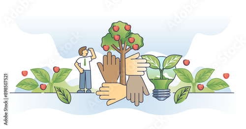 Philanthropy and mutual support together with volunteer care outline concept, transparent background. Non profit organization with humanitarian aid assistance and green.