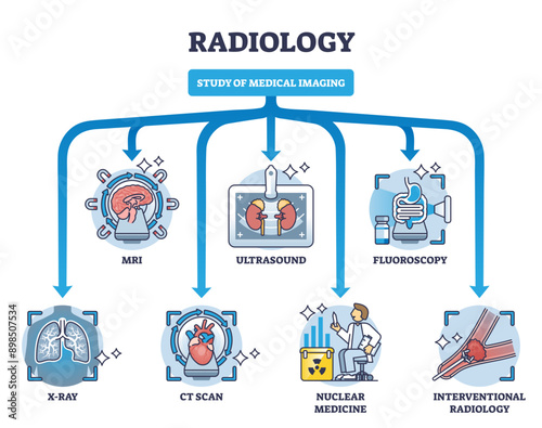 Radiology as study of medical imaging and technical division outline diagram, transparent background. Labeled educational scheme with MRI, ultrasound, fluoroscopy or x-ray for disease.