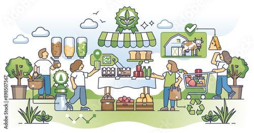 Shopping organic and buy green, raw and ecological grocery outline concept, transparent background.Fresh food from local suppliers and farmers in zero waste store illustration.