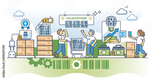 Solar panel costs and green energy kit price calculation outline concept, transparent background. Buy battery, inverter and sun panels with best financial offers in shop illustration.