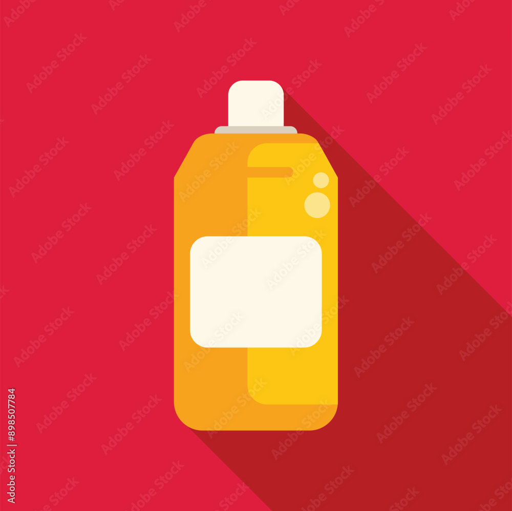 Yellow plastic bottle with a white label is standing in front of a red background Yellow plastic bottle with a white label is standing in front of a red background