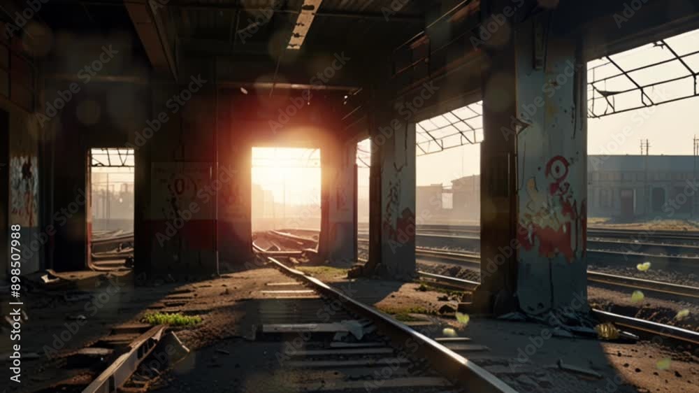 View of an old abandoned train station, some of the train tracks are damaged, there are graffiti on the walls. Seamless 4K looping video animation generated AI View of an old abandoned train station, some of the train tracks are damaged, there are graffiti on the walls. Seamless 4K looping video animation generated AI