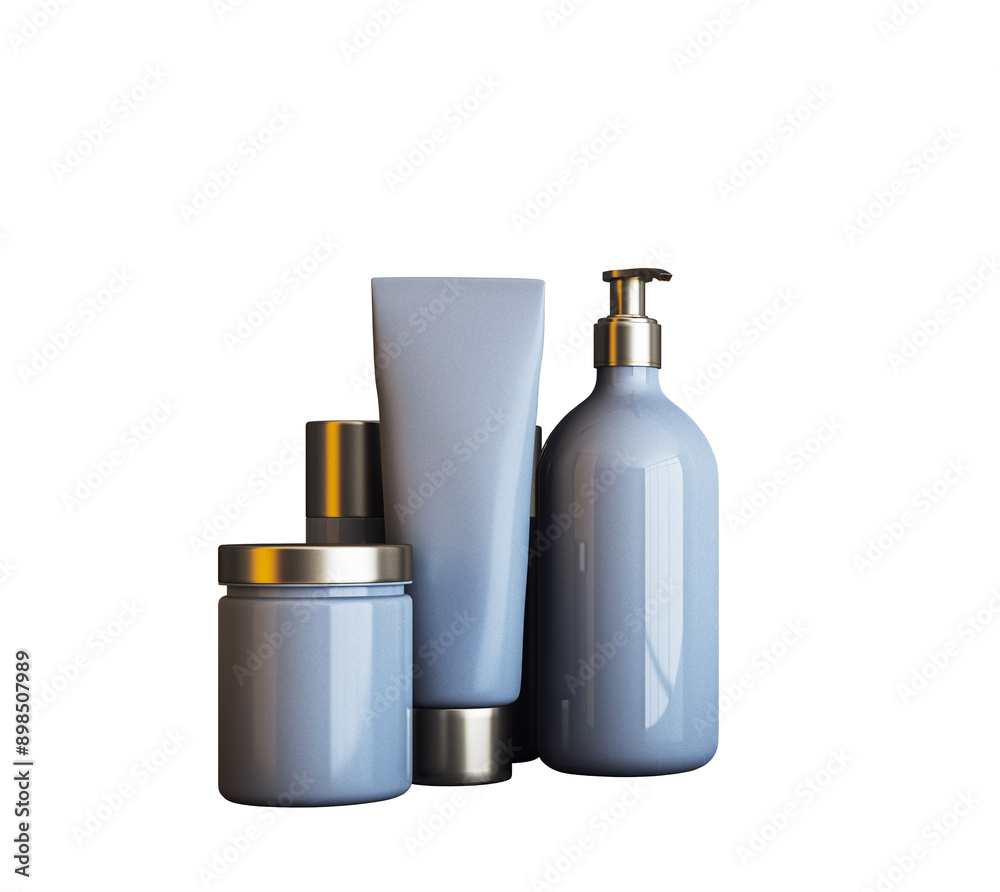 Set of various blue cosmetic containers, including a pump bottle, tube, jar, and spray, isolated on a white background. Concept of personal care products. 3D Rendering Set of various blue cosmetic containers, including a pump bottle, tube, jar, and spray, isolated on a white background. Concept of personal care products. 3D Rendering