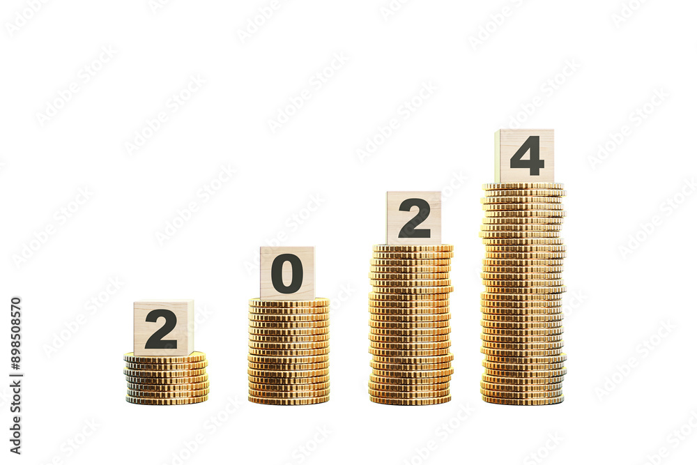 Stacks of golden coins with wooden blocks displaying the numbers 2024, arranged in ascending order. Closeup on a white background. Concept of investment and savings. 3D Rendering Stacks of golden coins with wooden blocks displaying the numbers 2024, arranged in ascending order. Closeup on a white background. Concept of investment and savings. 3D Rendering