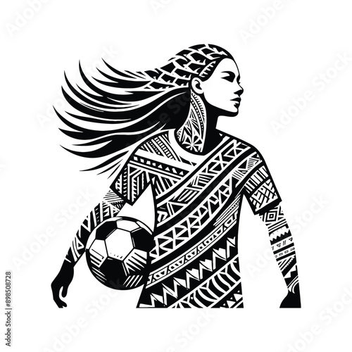 Soccer  female player in ethnic polynesia pattern illustration, emblem shield badge