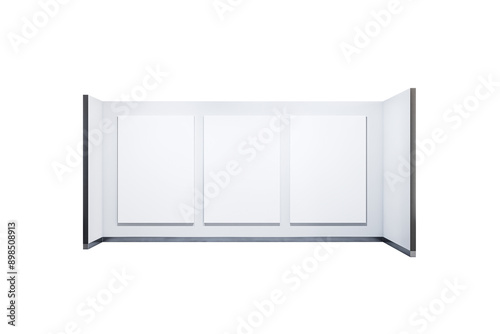 Exhibition stand with three blank posters displayed on a white background. Clean layout, perfect for branding or presentation concepts. 3D Rendering