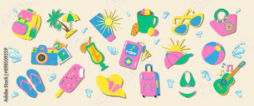 Collection Summer Minimalistic Stickers in Flat Style. Bright Beach icons. Hand drawn Holiday Beach elements for Tropical Vacation. Backpack, mug, guitar, sun, cap, camera, photo, palm, ice cream.