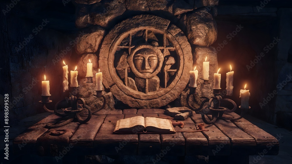 D&D-style digital painting depicts a wooden table with an open book, candles, and a stone carving. D&D-style digital painting depicts a wooden table with an open book, candles, and a stone carving.