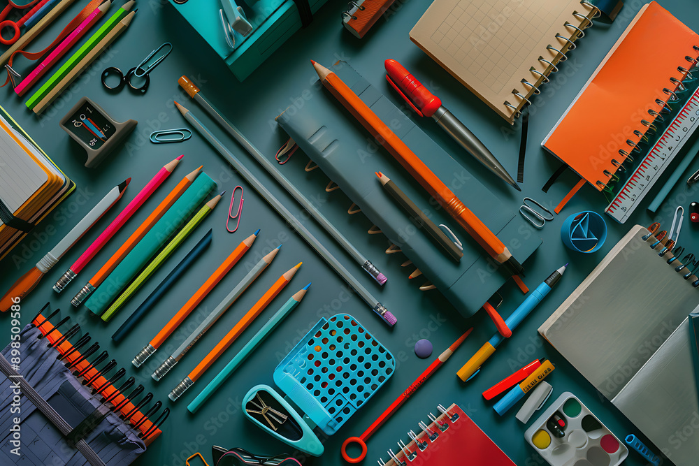Photo of various school supplies. Objects include books, pencils, rulers, and notebooks, creating an educational and colorful theme. The background is ideal for educational and school promotions Photo of various school supplies. Objects include books, pencils, rulers, and notebooks, creating an educational and colorful theme. The background is ideal for educational and school promotions