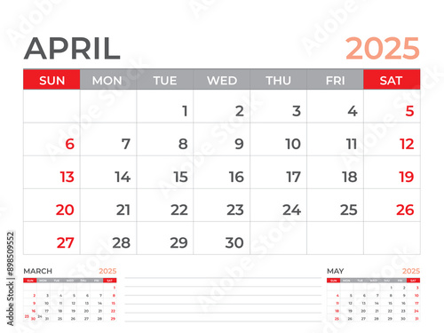 Calendar 2025 template, April 2025 page, Desk calendar 2025 year, planner design, Wall calendar, week starts on sunday, stationery design, Desk office, organizer office, vector eps10