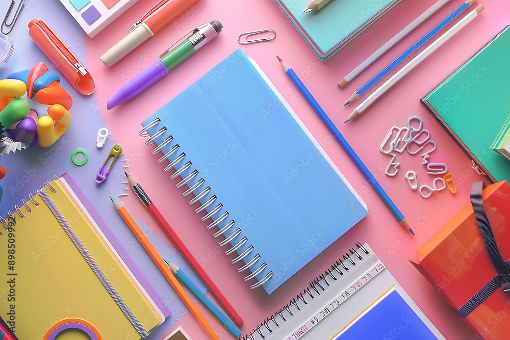 Photo of various school supplies. Objects include books, pencils, rulers, and notebooks, creating an educational and colorful theme. The background is ideal for educational and school promotions Photo of various school supplies. Objects include books, pencils, rulers, and notebooks, creating an educational and colorful theme. The background is ideal for educational and school promotions