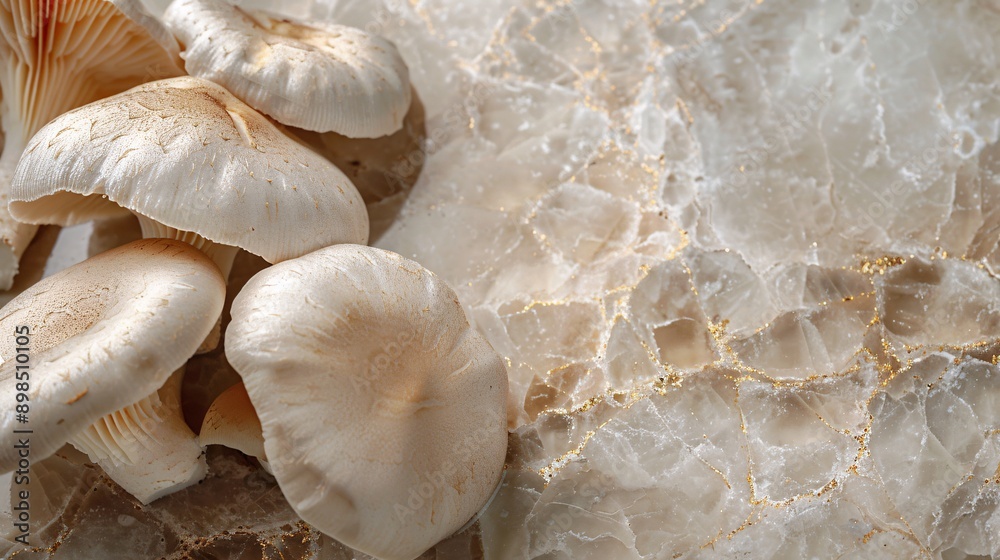 a group of mushrooms on a marble surface a group of mushrooms on a marble surface