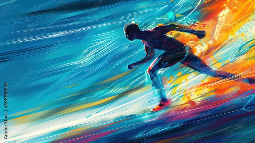 A man running in a painting with a blue background A man running in a painting with a blue background