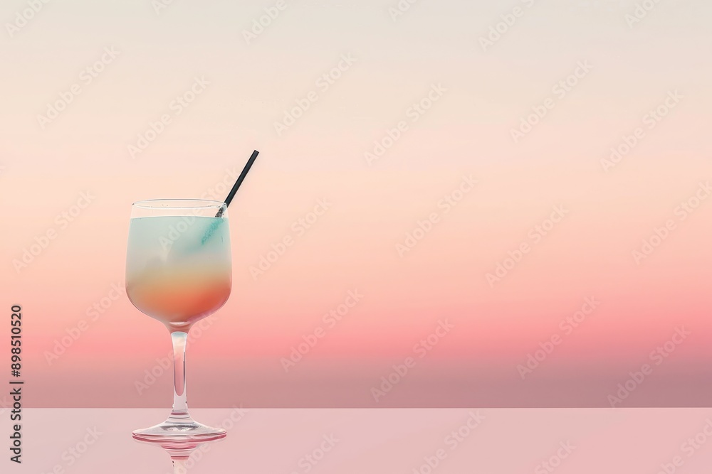 A Glass of Layered Blue, Yellow, and Pink Liquid with a Straw Against a Pink and White Gradient Background