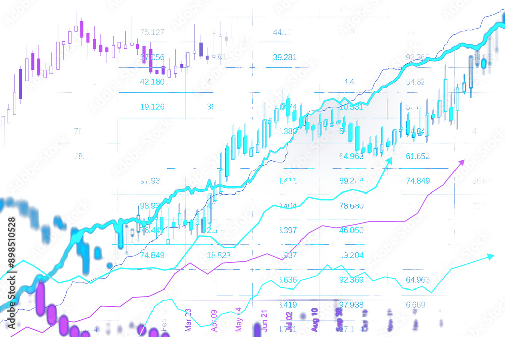 Financial graphs and candlestick charts in blue and purple colors displayed on a white background. Concept of data analysis, trading, and market trends. 3D Rendering Financial graphs and candlestick charts in blue and purple colors displayed on a white background. Concept of data analysis, trading, and market trends. 3D Rendering