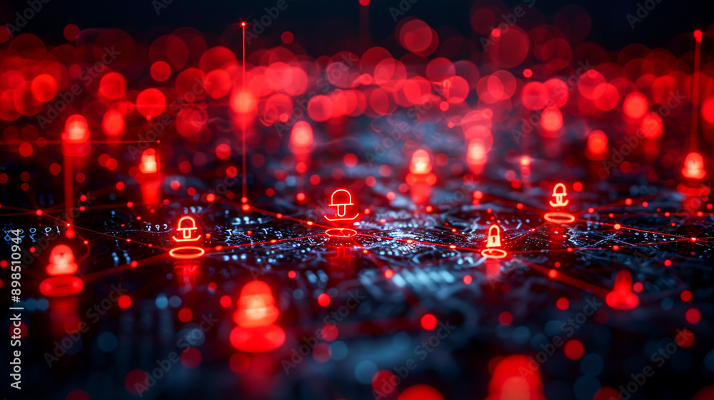 Cybersecurity Threats in Internet of Things: Network of Connected Devices with Red Warning Symbols Cybersecurity Threats in Internet of Things: Network of Connected Devices with Red Warning Symbols