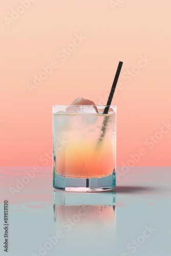 Refreshing pink and yellow beverage in a glass with ice and straw photo