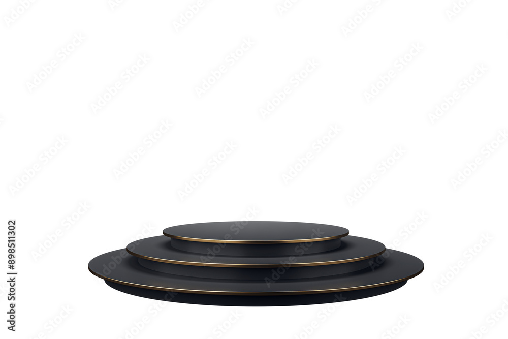 A black, multi-tiered podium with golden edges, isolated on a white background. Modern design. Concept of display stand or presentation platform. 3D Rendering A black, multi-tiered podium with golden edges, isolated on a white background. Modern design. Concept of display stand or presentation platform. 3D Rendering