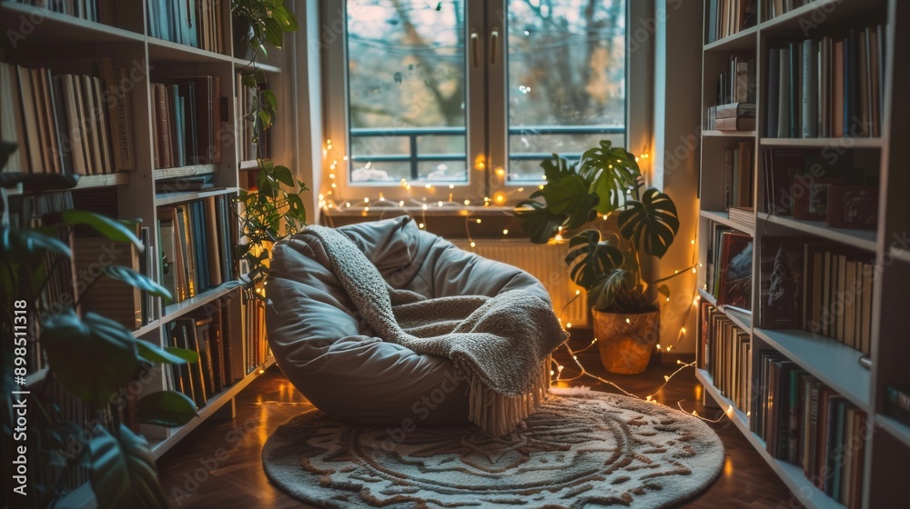 A cozy reading nook with a papasan chair, shelves filled with books A cozy reading nook with a papasan chair, shelves filled with books