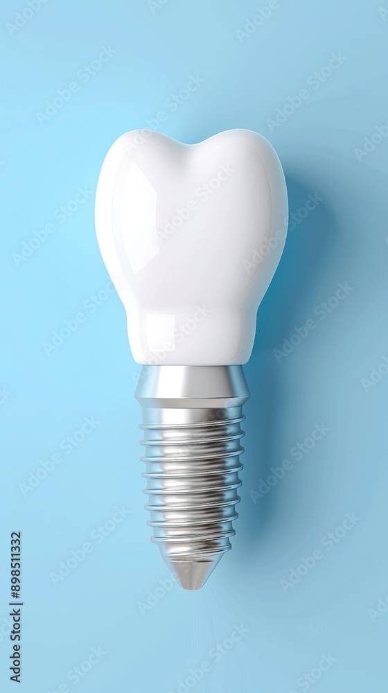 A dental implant crown with a screw-like base on a blue background A dental implant crown with a screw-like base on a blue background