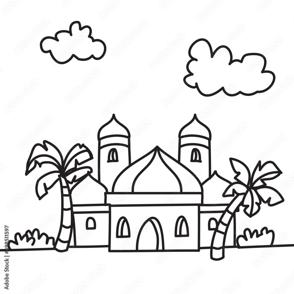 Obraz premium Coloring page Pictures of mosques, coconut trees and clouds, outlines children's coloring pages